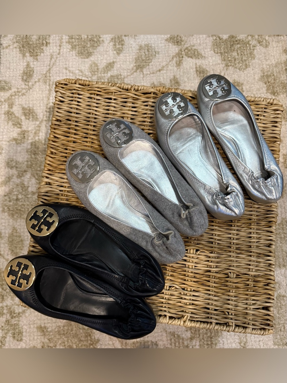 Tory Burch Metallic Silver, Gray and Black Logo Ballet Flats Trio